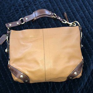 COACH Carly Leather Hobo Shoulder Bag Two Tone Camel/Brown Trim